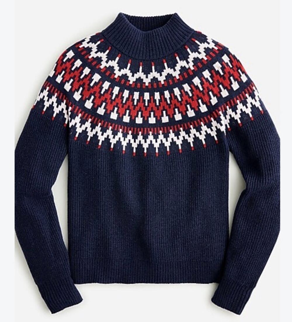 J.Crew Fair Isle Wool Blend Sweater Womens XL Blue Red Mockneck Pullover A011184